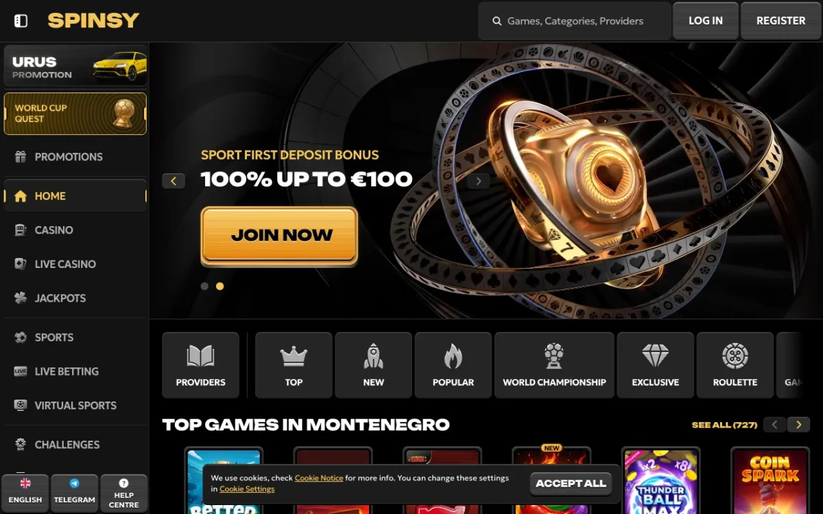 Page d’accueil Spinsy Casino — hero scrappé en juin 2026