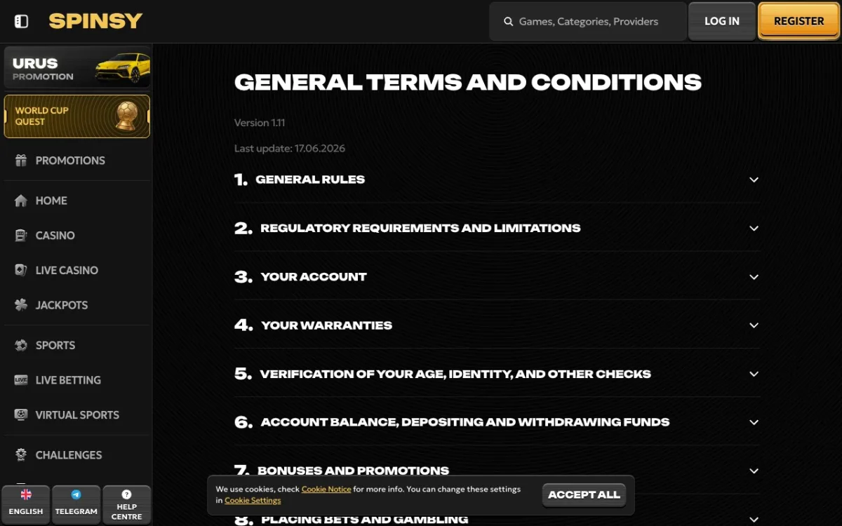 T&C Spinsy v1.11. Clause 2.3 restrictions, clause 15.2 NetEnt