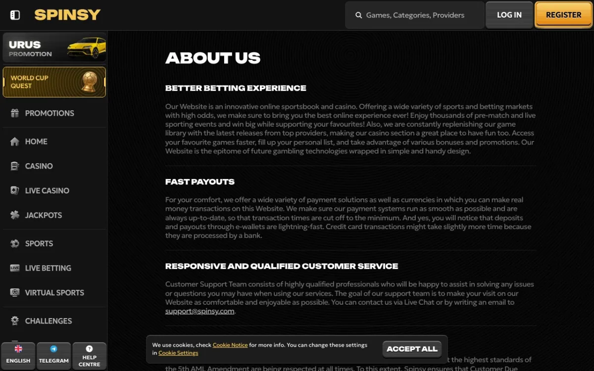 Page About Us Spinsy. Silence sur l’opérateur