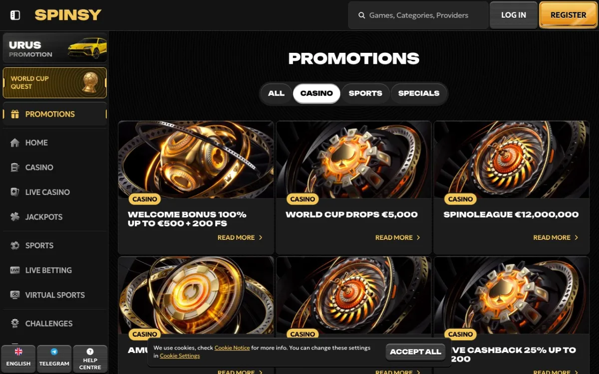 Page Promotions Spinsy — welcome 100%/€500 + 200 FS