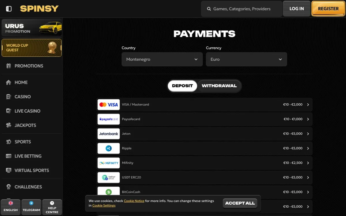 Page Payments Spinsy — méthodes acceptées