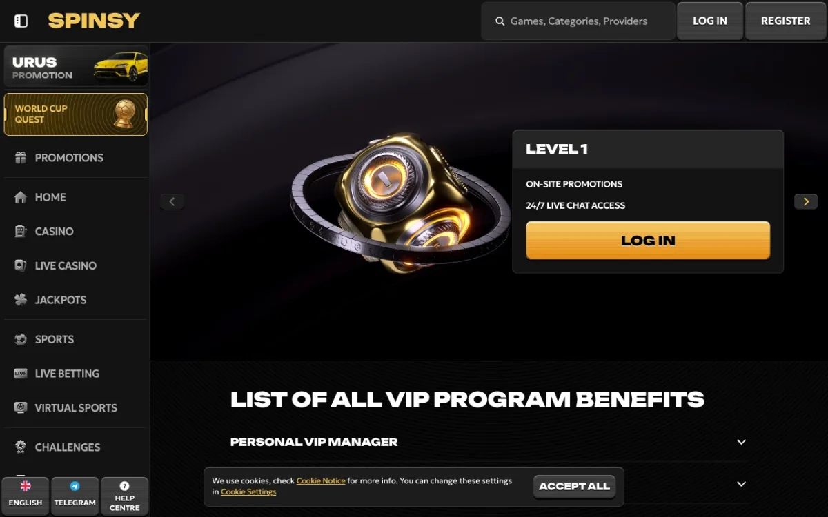 Page VIP Spinsy. 5 niveaux de plafonds retrait